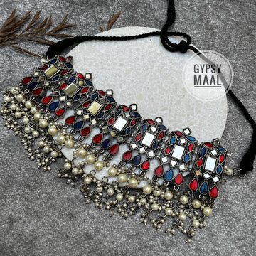 Mirror & Enamel Choker (red&blue)